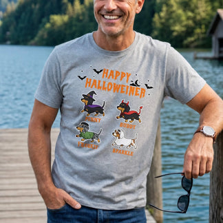 Heather gray Halloween graphic t-shirt for pet owners, featuring four adorable dachshunds with personalized names.