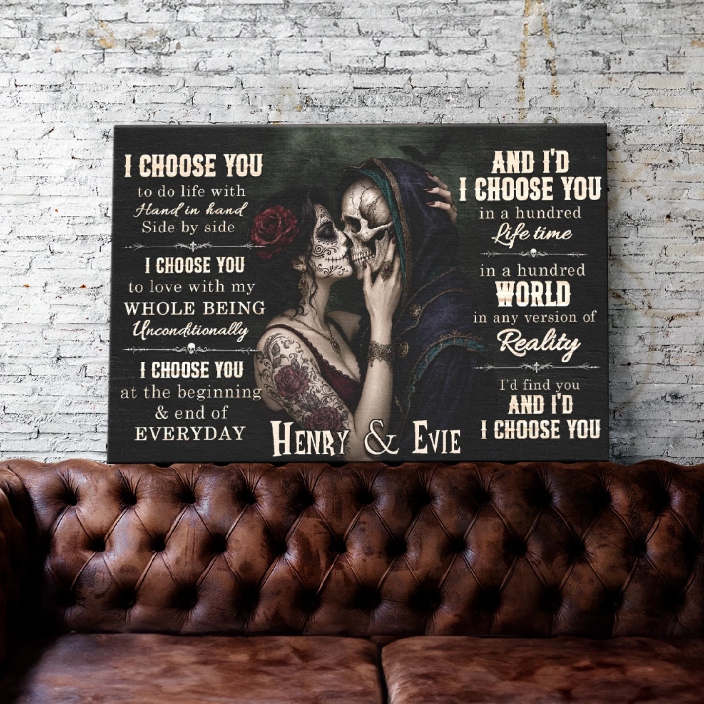 Personalized couple canvas wall art featuring a romantic sugar skull design with custom names Henry and Evie for anniversary.