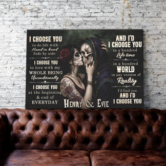 Personalized couple canvas wall art featuring a romantic sugar skull design with custom names Henry and Evie for anniversary.