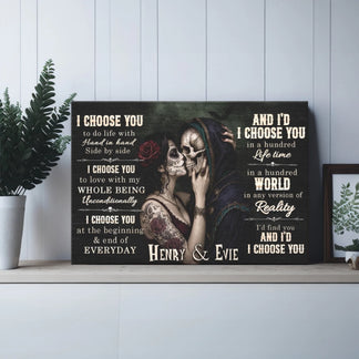 Custom sugar skull romantic canvas featuring Henry and Evie names, a perfect personalized anniversary gift for couples.