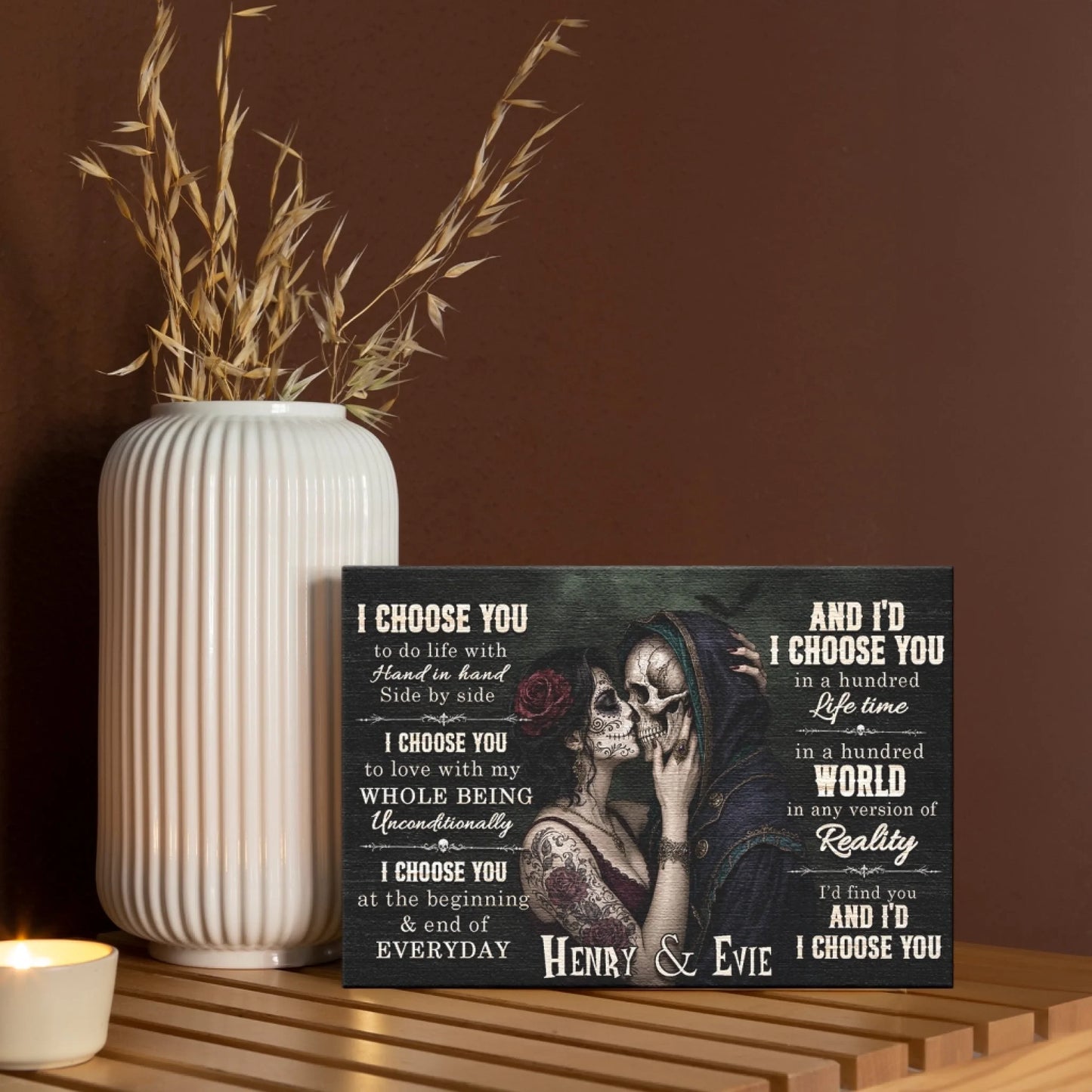Romantic sugar skull themed canvas wall art personalized with names Henry and Evie, suitable as an anniversary gift.