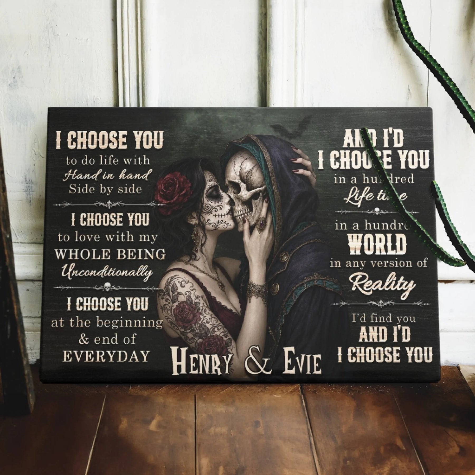 Custom romantic canvas wall art for couples featuring a sugar skull design and the personalized names Henry and Evie.