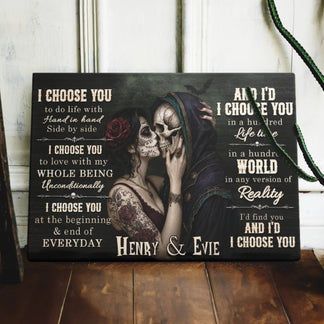 Custom romantic canvas wall art for couples featuring a sugar skull design and the personalized names Henry and Evie.