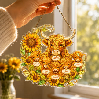 Decorative plaque with a highland cow and calves surrounded by sunflowers, held by a hand.