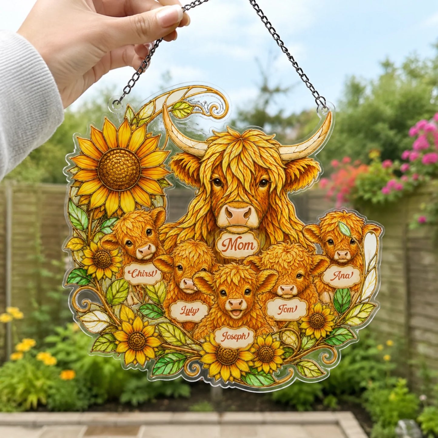 Decorative plaque with a highland cow and calves, each labeled with names, against a garden background.