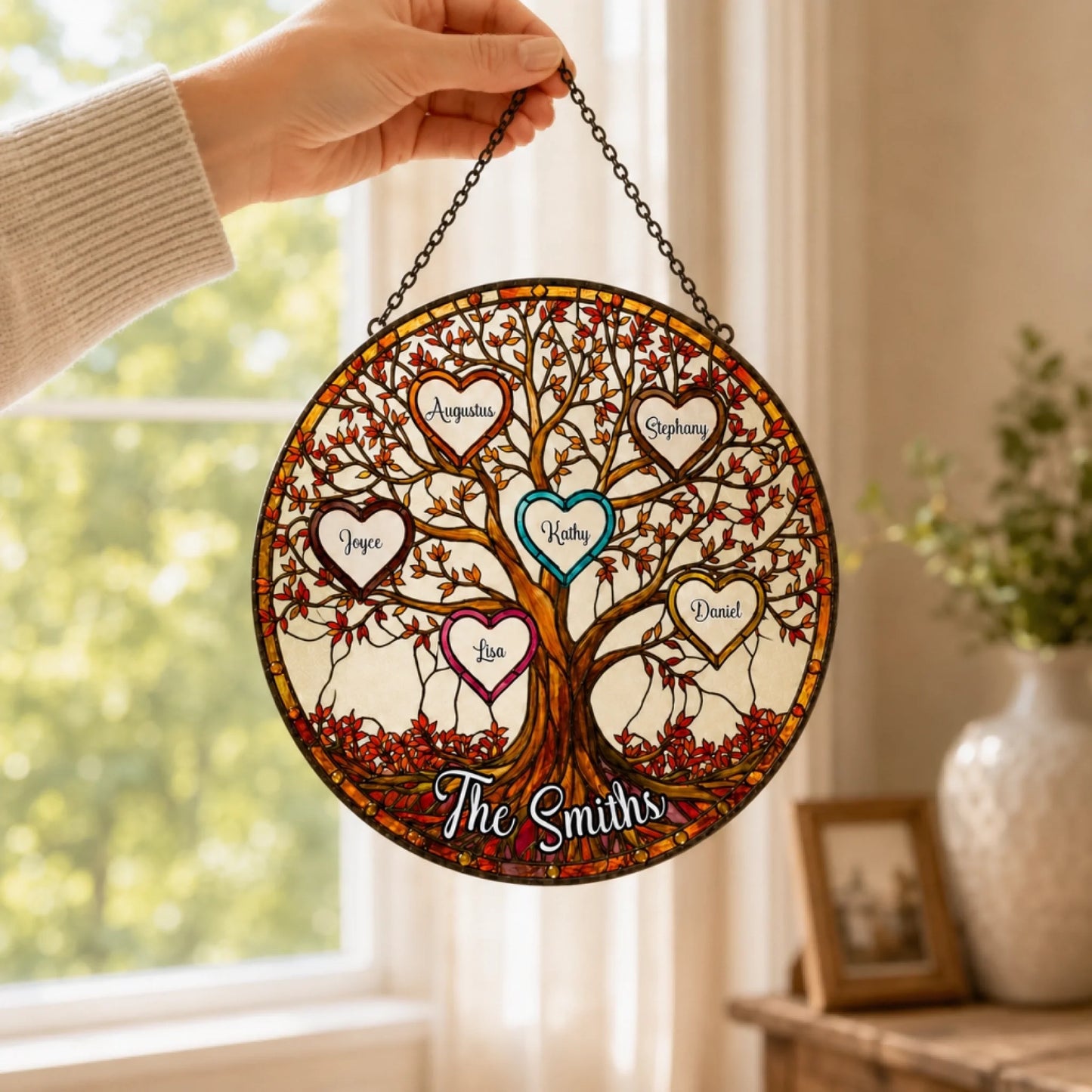 Hand holding a custom glass family tree suncatcher featuring engraved heart accents for personalized home decor.