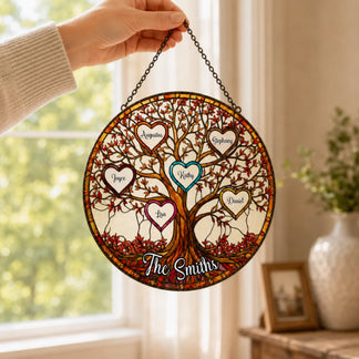 Hand holding a custom glass family tree suncatcher featuring engraved heart accents for personalized home decor.