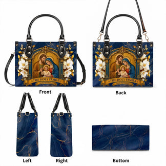 Complete set view of a custom Holy Family tote bag showing front, back, side panels, and bottom, showcasing the elegant blue marble design.