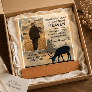 Personalized memorial LED night light featuring a hunter, deer silhouette, and custom name and years for lost loved ones.