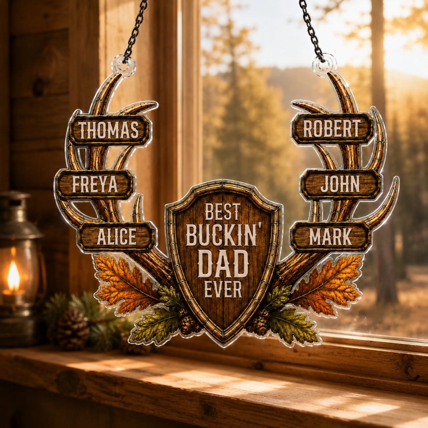 Hunting dad suncatcher with antler design and kids names – Father's Day gift
