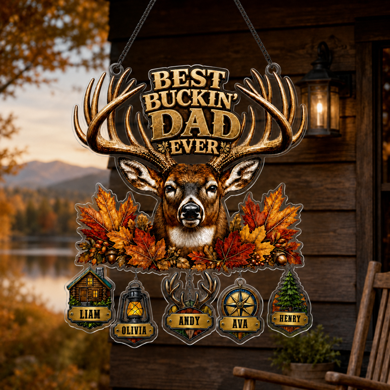 Close-up of deer and autumn leaf design on personalized dad suncatcher