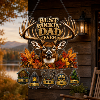 Close-up of deer and autumn leaf design on personalized dad suncatcher