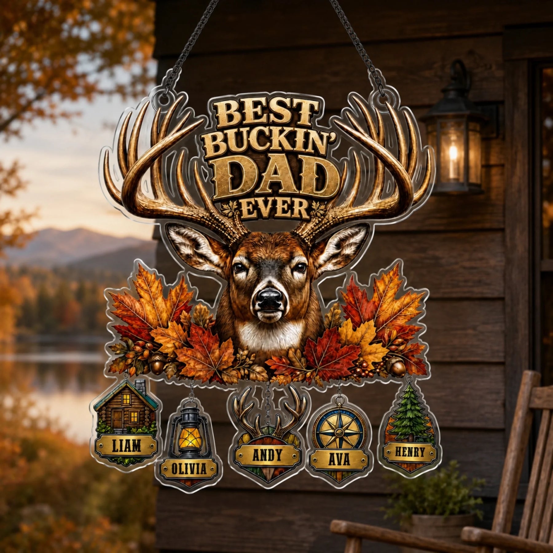Close-up of deer and autumn leaf design on personalized dad suncatcher
