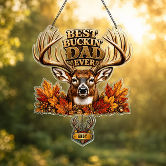 Personalized hunting dad suncatcher with metal chain and suction cup included