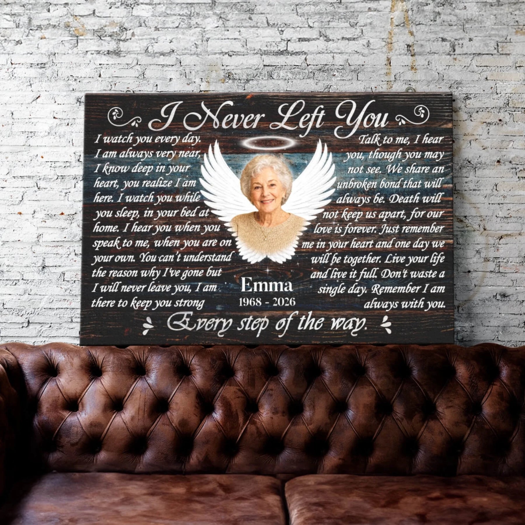 Personalized memorial canvas art with poem and angel wings photo display for a heartfelt sympathy tribute.