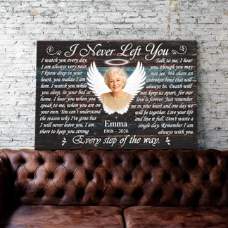 Personalized memorial canvas art with poem and angel wings photo display for a heartfelt sympathy tribute.