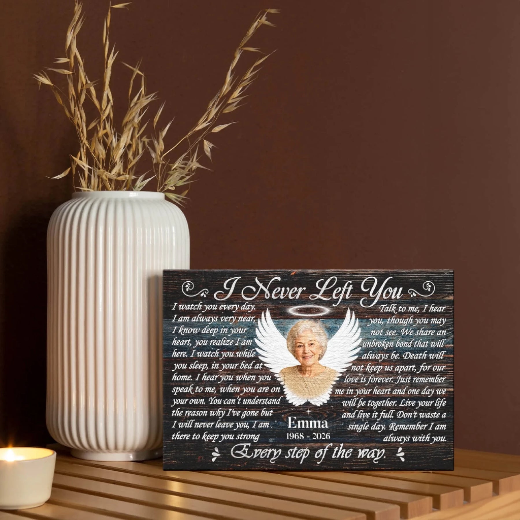 Custom memorial canvas featuring a heartfelt poem and angel wing design for a comforting sympathy gift.