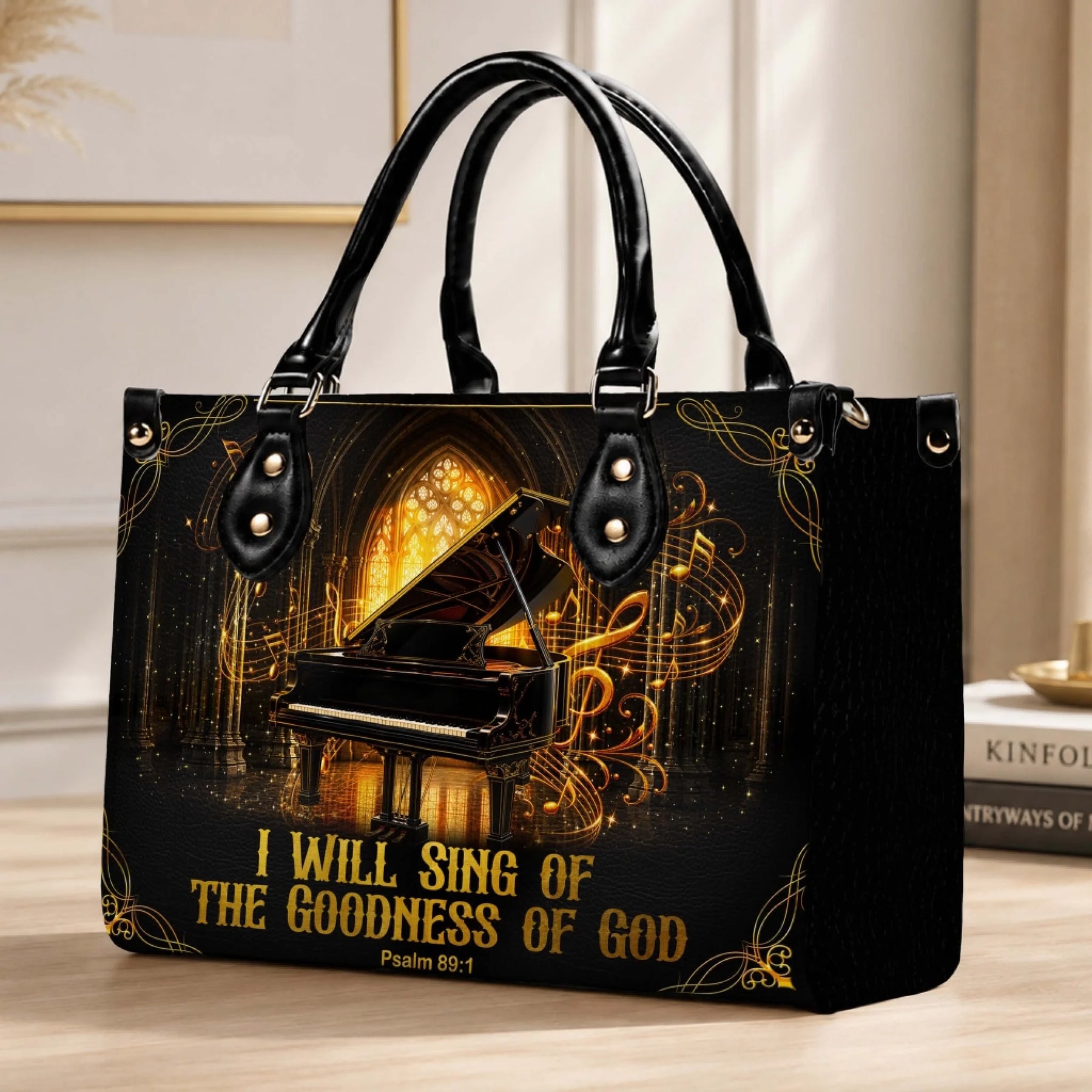 Black piano themed handbag with Psalm 89 1 quote and gold musical notes, perfect for church or faith-based gifts.