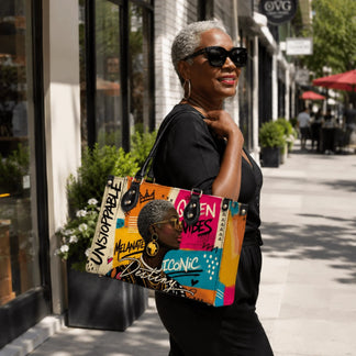A stylish woman wearing a black outfit carries a large tote bag featuring artistic Black woman illustration and graffiti.