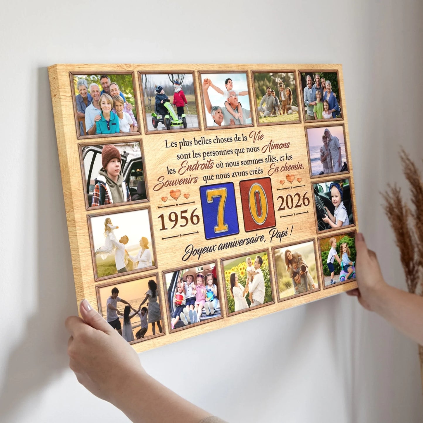 Tableau photo personnalisé pour 70 ans de papi avec dates 1956 2026 et une citation émouvante sur la famille.