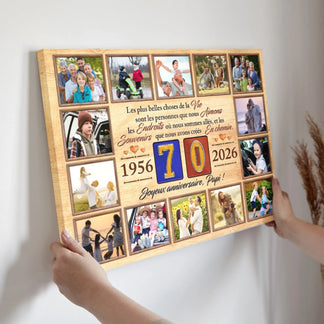 Tableau photo personnalisé pour 70 ans de papi avec dates 1956 2026 et une citation émouvante sur la famille.