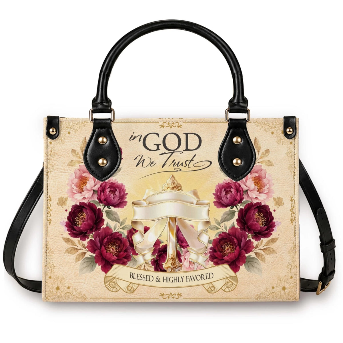 Personalized floral handbag featuring an In God We Trust quote and Blessed and Highly Favored text on vintage background.