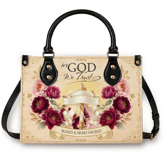 Personalized floral handbag featuring an In God We Trust quote and Blessed and Highly Favored text on vintage background.
