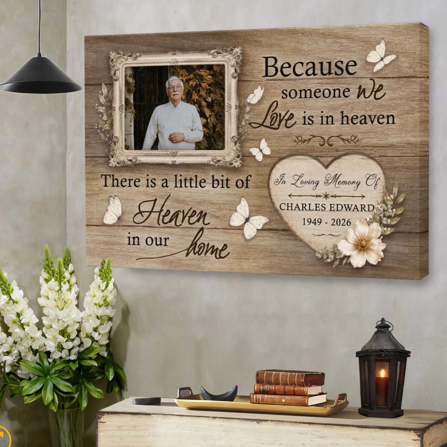 Custom memorial wall canvas with photo frame design heartfelt quote butterflies and floral heart for loss of loved one.