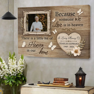 Custom memorial wall canvas with photo frame design heartfelt quote butterflies and floral heart for loss of loved one.