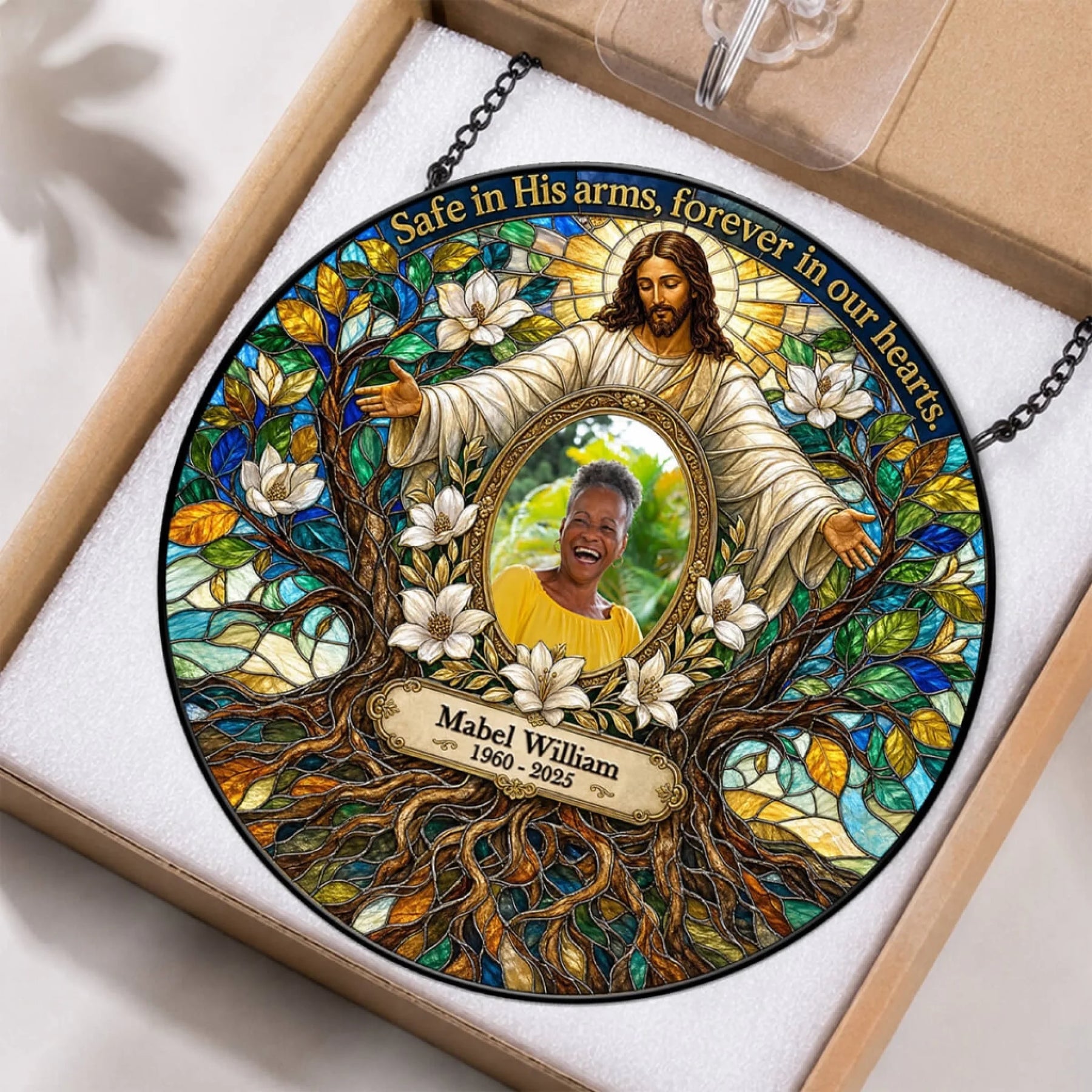 Custom memorial stained glass suncatcher featuring Jesus and a personalized photo of a loved one for sympathy gift.