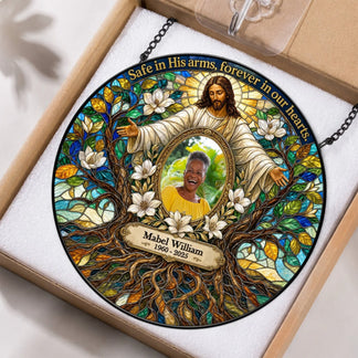 Custom memorial stained glass suncatcher featuring Jesus and a personalized photo of a loved one for sympathy gift.