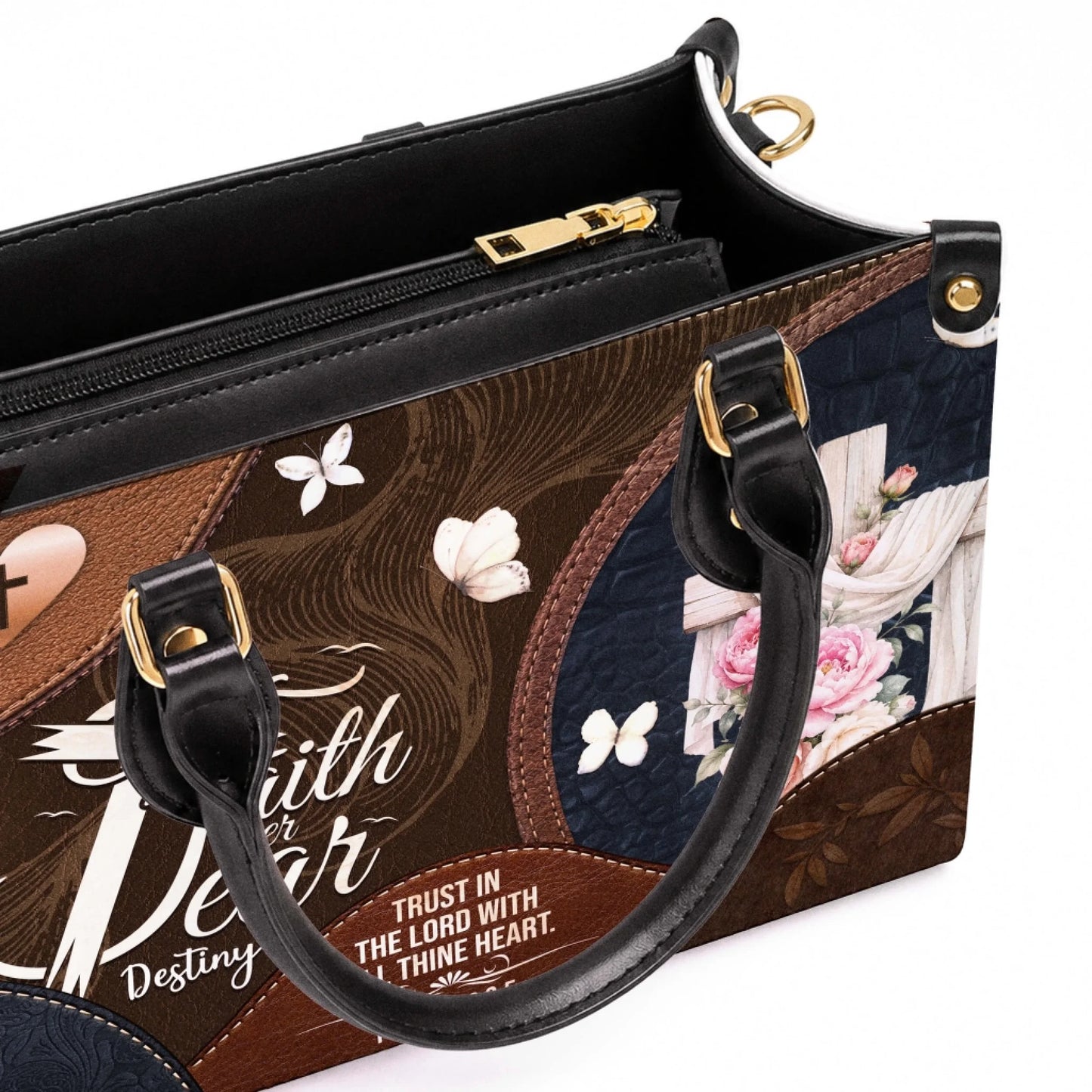 Detailed interior view of a religious tote bag with a zipped compartment for organized Christian daily essentials.