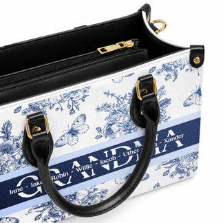 Interior view of a personalized grandma floral tote bag showing the fabric lining and zippered compartment detail