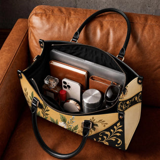 Spacious interior of personalized faith floral handbag holding laptop, smartphone, journal, and daily accessories.