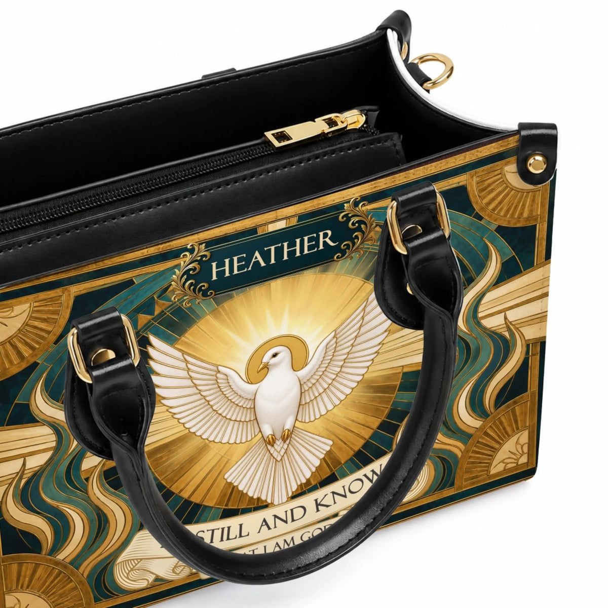 Open interior of a personalized religious handbag featuring a dove design with a gold zipper and organized compartments.