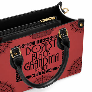 Interior view of a personalized red PU leather handbag with a quality zipper and adjustable shoulder strap.