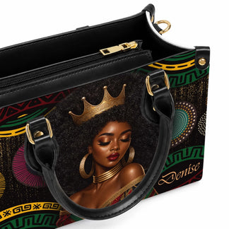 Interior detail of a stylish personalized black queen afro handbag showing quality construction and design.