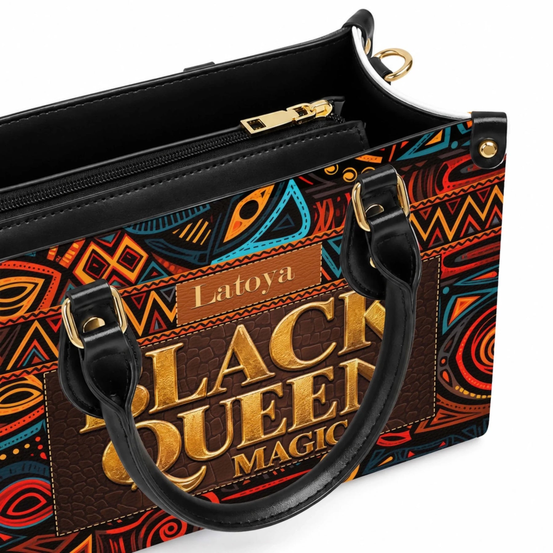 Interior view of a personalized Black Queen Magic handbag showing the structured design with a secure zippered top.