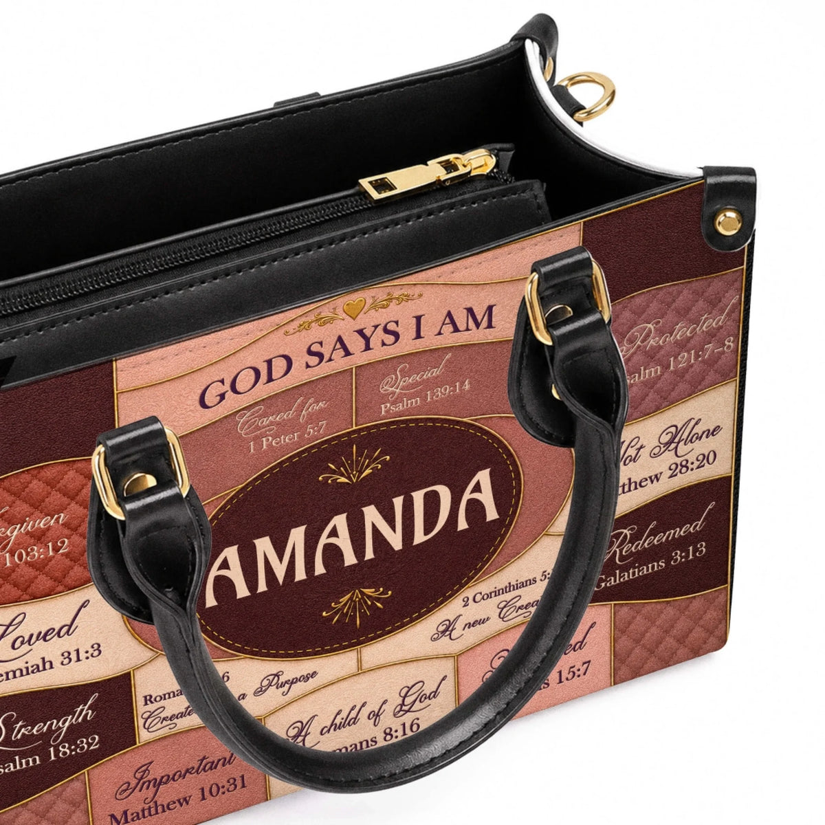 Interior of a personalized handbag with bible verse design, showing high quality construction and zippered compartments.