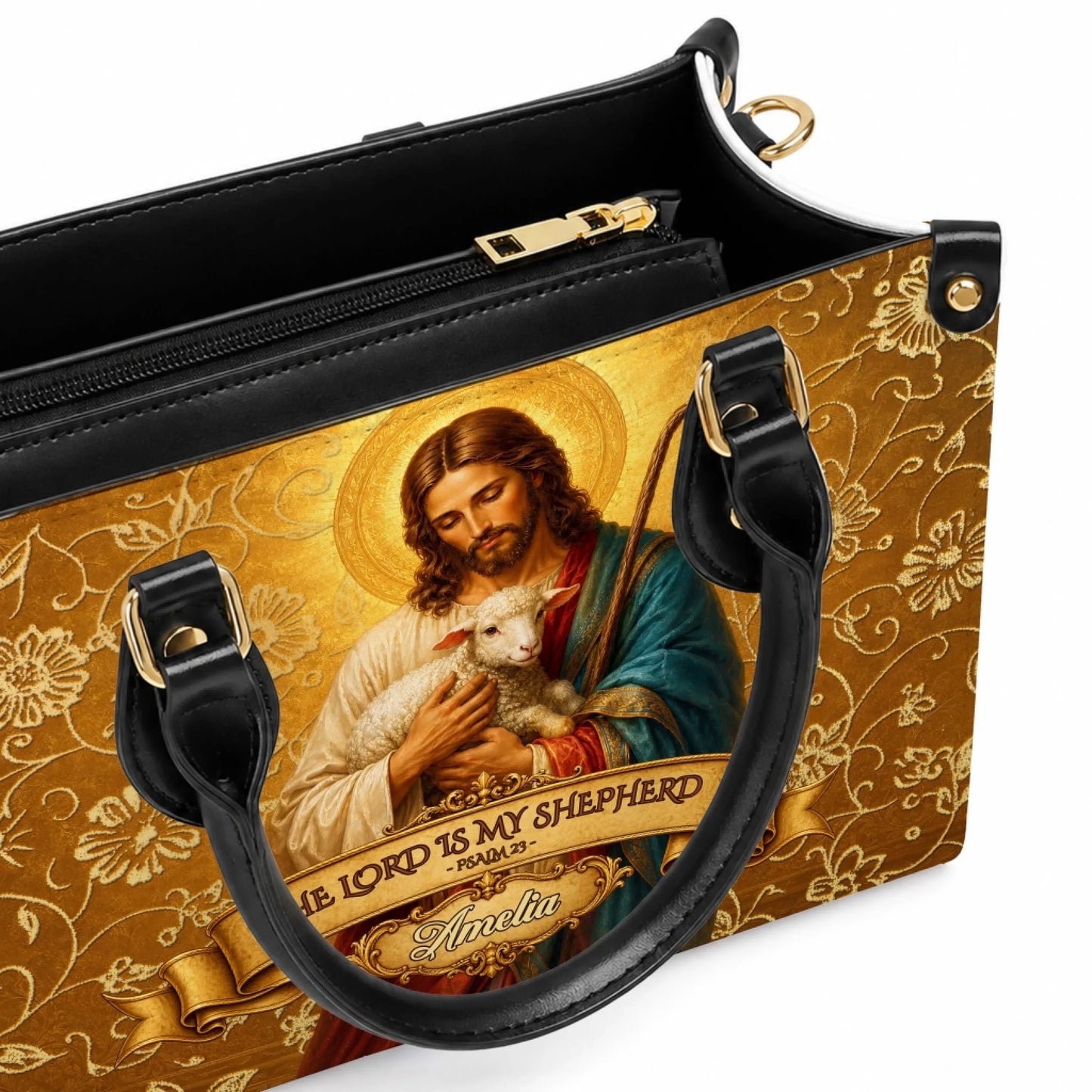 Interior detail of a custom religious themed purse showing the secure zipper compartment and quality PU leather lining.