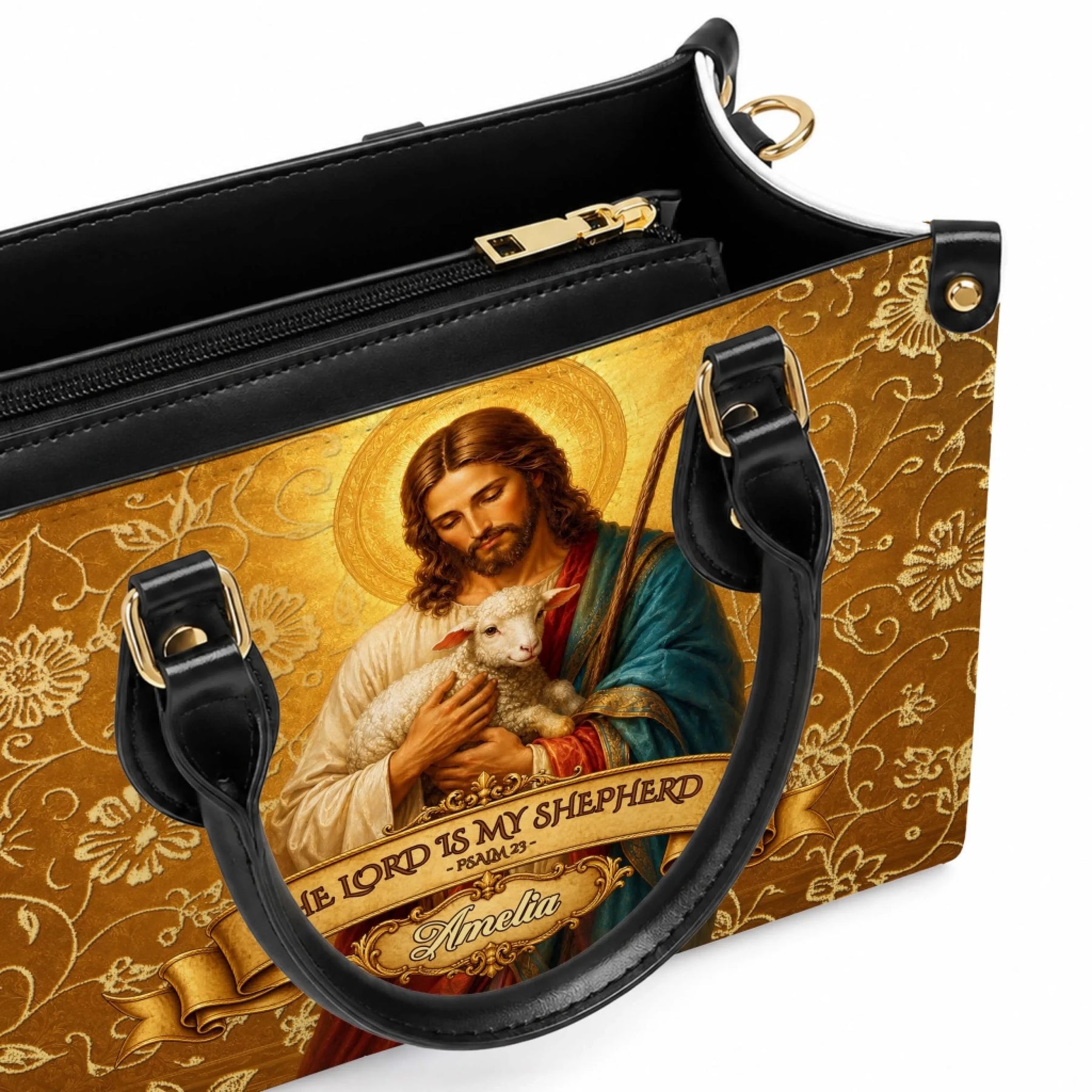 Interior detail of a custom religious themed purse showing the secure zipper compartment and quality PU leather lining.