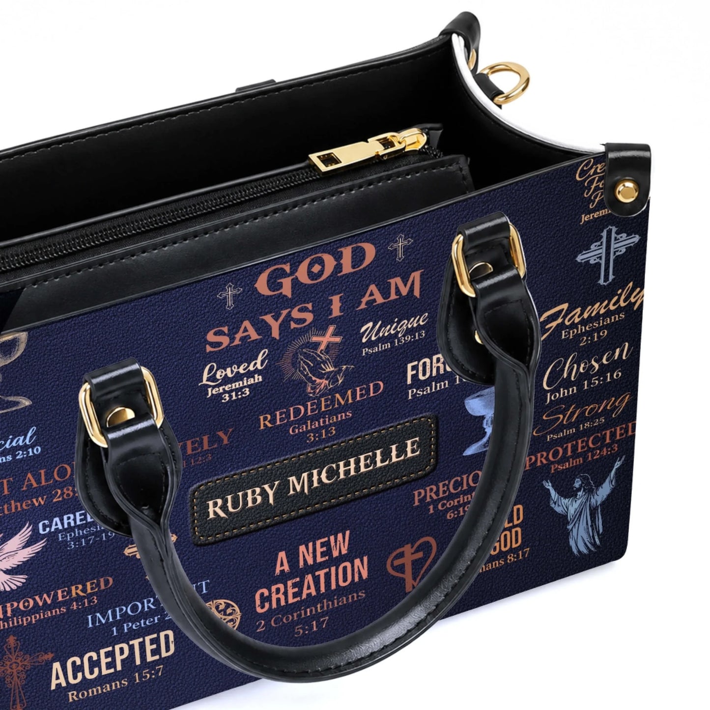 Interior detail of a personalized leather tote bag with an exquisite zipper, showcasing religious scripture design.