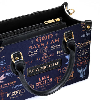 Interior detail of a personalized leather tote bag with an exquisite zipper, showcasing religious scripture design.