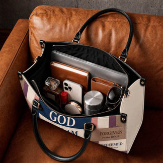 Inside view of a spacious custom Christian tote bag showing a laptop, journal, perfume, and daily essentials.