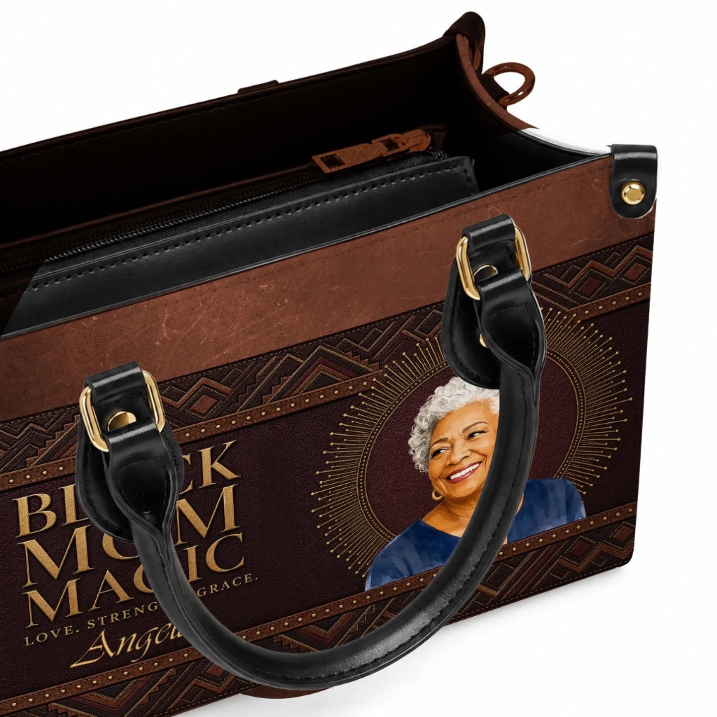 Interior view of a customized leather handbag with spacious compartments and a Black Mom Magic personalized design