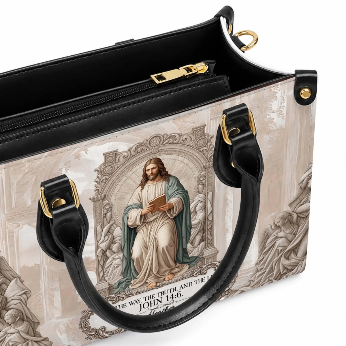 Close up interior view of a custom Christian faith handbag featuring a zipper compartment and Jesus Christ design.