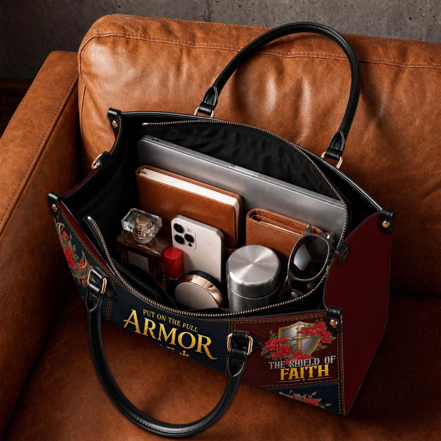 Interior view of a personalized Armor of God leather handbag showing spacious storage for daily essentials.