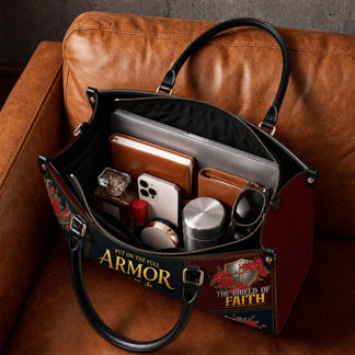 Interior view of a personalized Armor of God leather handbag showing spacious storage for daily essentials.