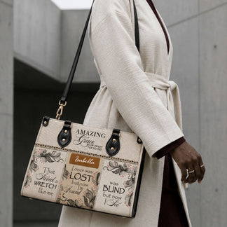 Stylish custom tote bag printed with Amazing Grace and the name Isabella, suitable for church or everyday use.