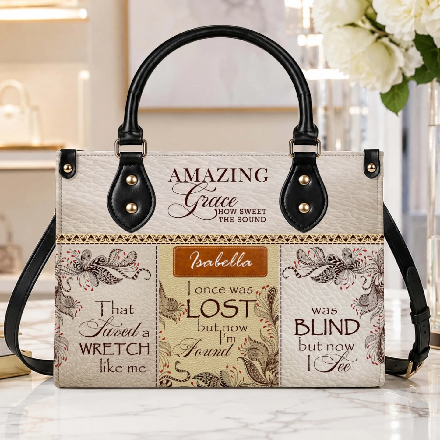 Custom Amazing Grace leather bag for women featuring the name Isabella and faith inspired inspirational quotes.